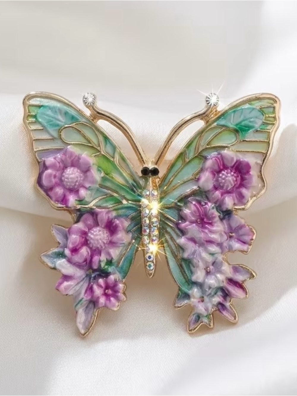 Gold-Tone Butterfly Floral Brooch with Purple and Green Enamel